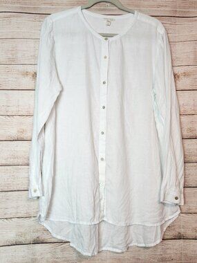 Eileen Fisher White Organic Linen Long Sleeve Button Down Shirt Women's Size L